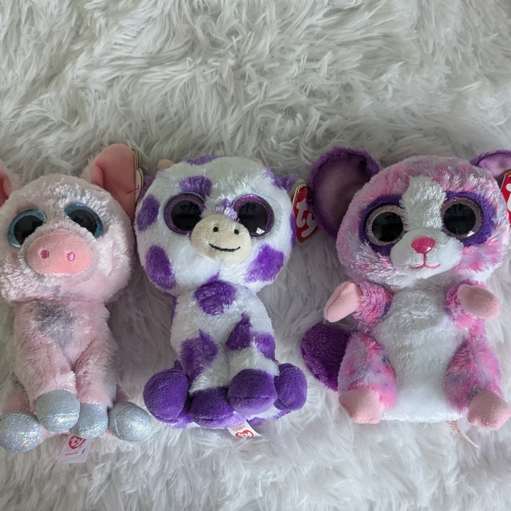 🩷 Ty Beanie Boos Pink and White Plush Toys. Set Of Three! 🩷